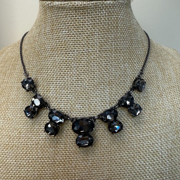 Vintage Monet Black Rhinestone Statement Necklace With Gunmetal Chain Adjustable - Picture 3 of 12